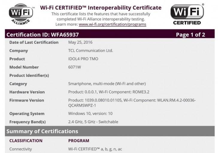 Alcatel Idol4 Pro certificazione WiFi