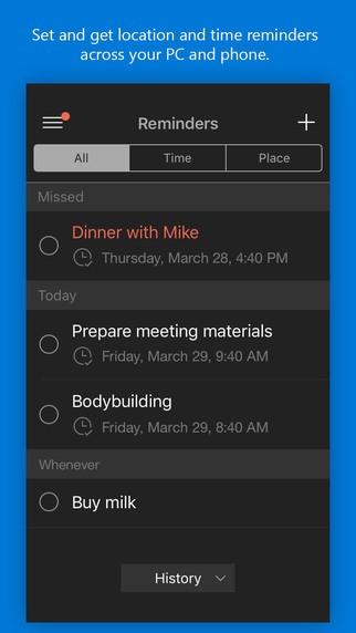 Cortana per iOS 1.90 promemoria